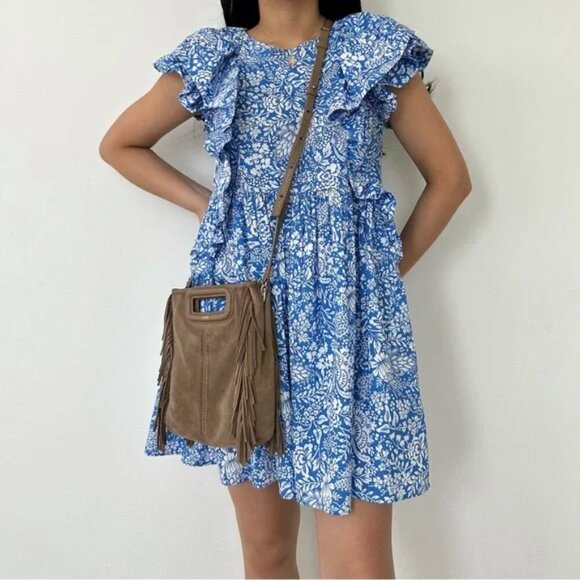 Zara Floral Ruffle Sleeve Cotton Poplin Mini Dress Blue White Size Large - Picture 3 of 14
